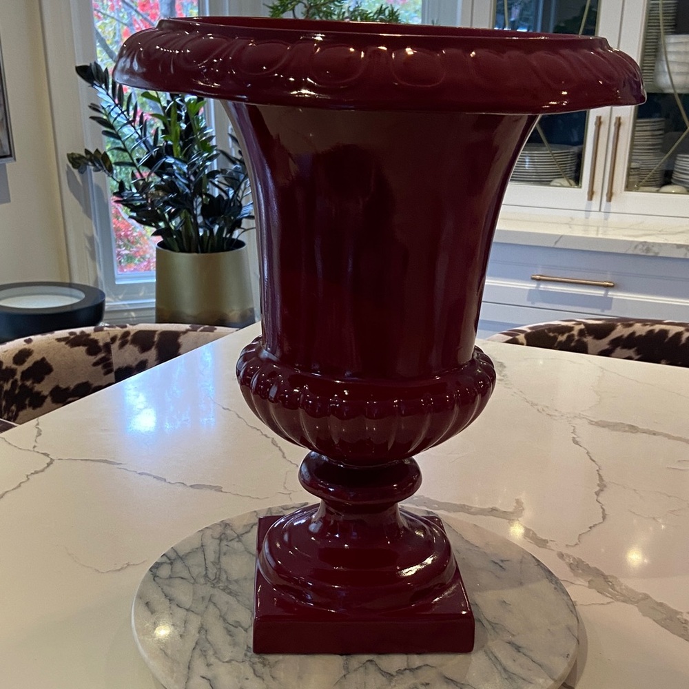 Luxurious Vintage Deep Red Fiberglass Decorative Planter Urn.